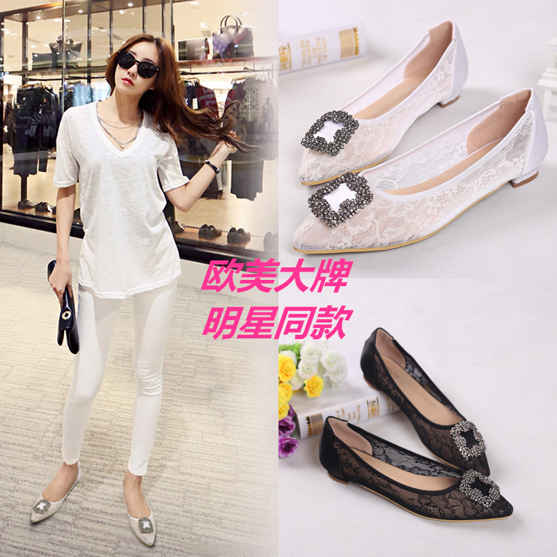 欧洲站黑色蕾丝方扣平跟平底鞋女 水钻网鞋韩版尖头浅口休闲单鞋