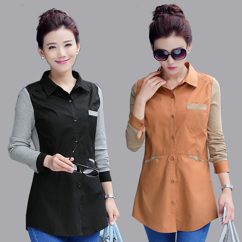 新款中年大码纯棉修身长袖衬衣女秋装休闲百搭中长款衬衫上衣女装