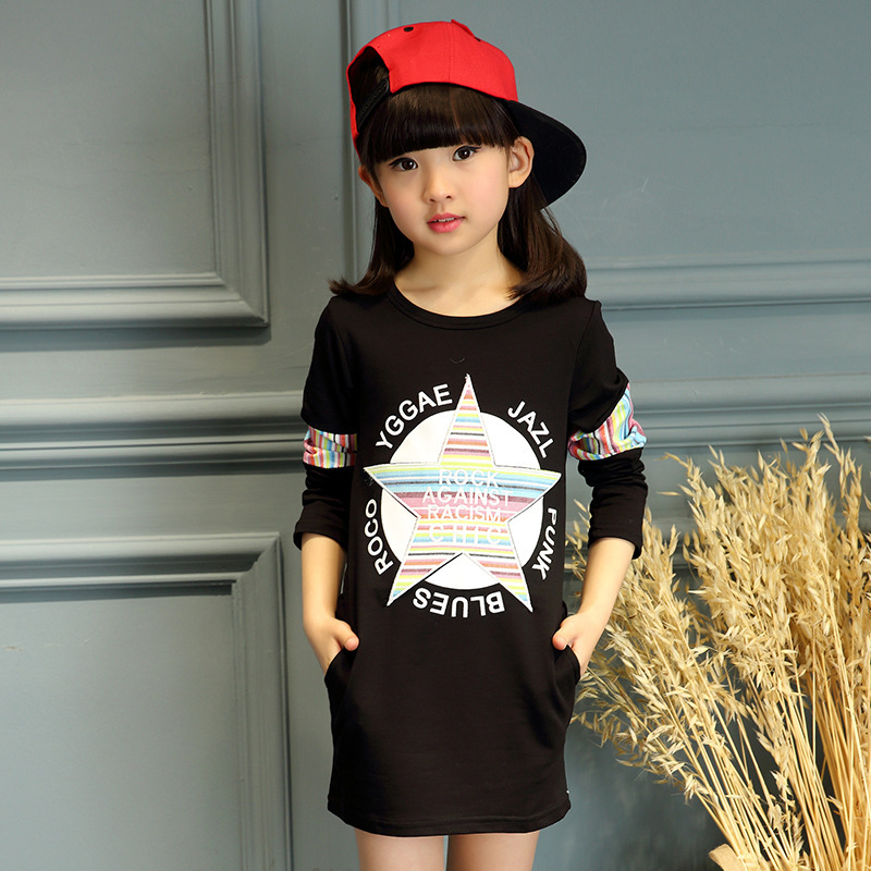 女童秋装新款韩版中大童纯棉长袖T恤儿童中长款打底卫衣连衣裙潮