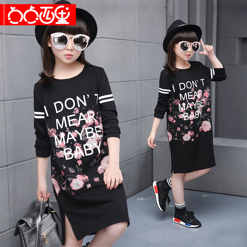 童装儿童时尚秋装新款长袖带帽T恤中长款女童时尚韩版卫衣连衣裙