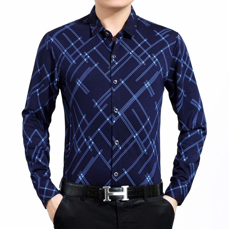 中年男装夏季男士长袖衬衫爸爸装商务薄款格子衬衣中老年长袖衬衫