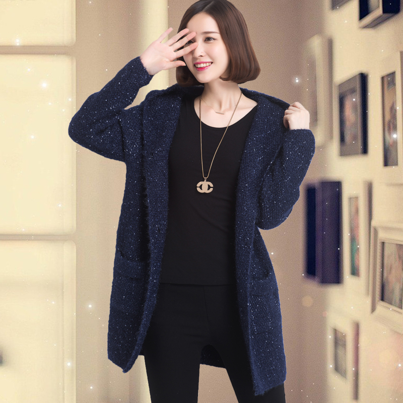 秋冬装加肥加大码毛衣外套中长款羊毛衫开衫女连帽宽松加厚针织衫