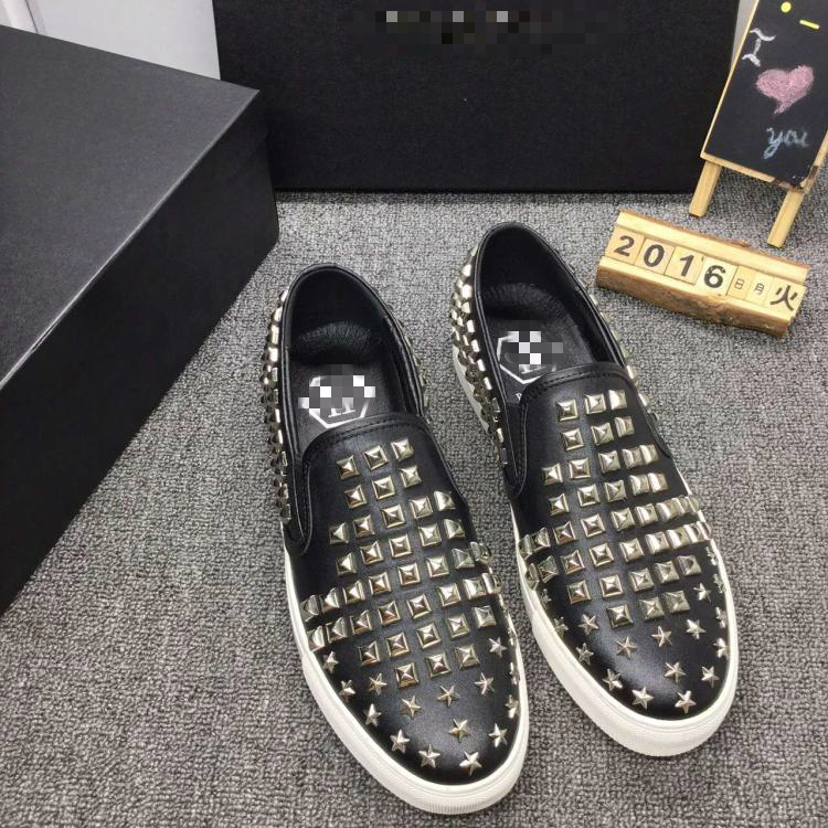 欧洲站新款PP铆钉男鞋真皮印花乐福鞋韩版透气潮鞋一脚蹬懒人鞋男