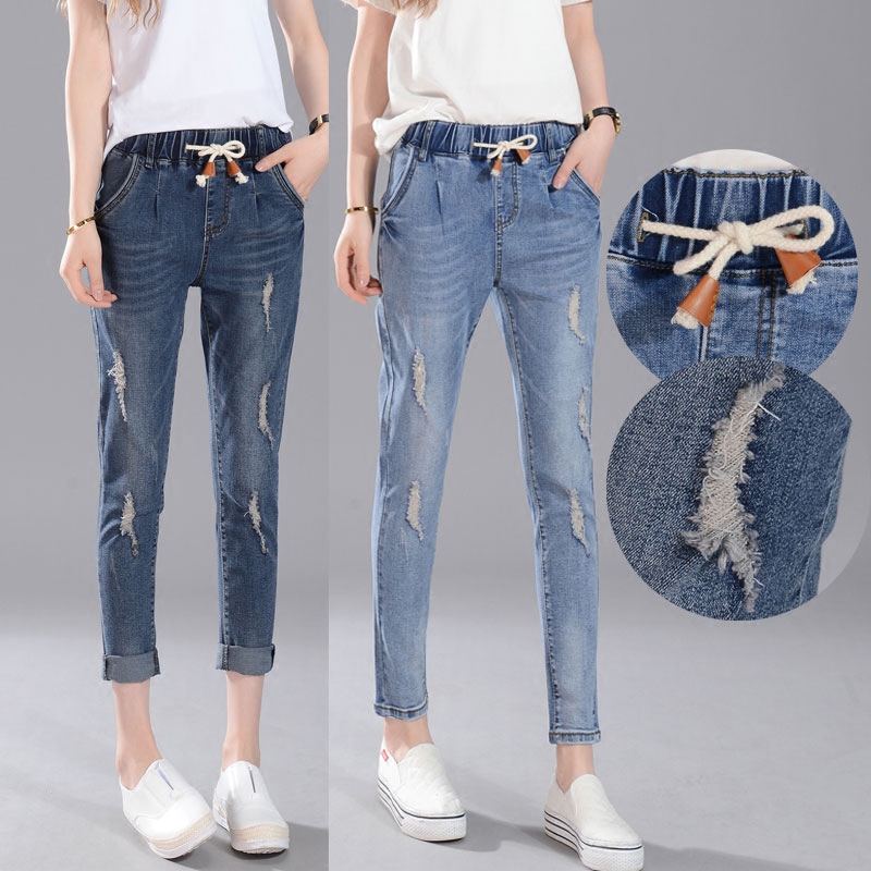 大码高腰破洞牛仔裤女九分裤松紧腰哈伦裤弹力宽松小脚裤胖mm潮