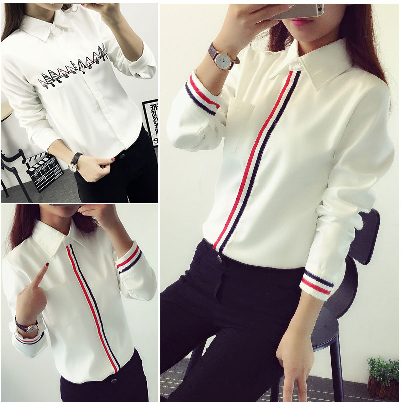 2016新款韩版秋装长袖女衬衫白色学生修身刺绣条纹打底衫寸衫寸衣
