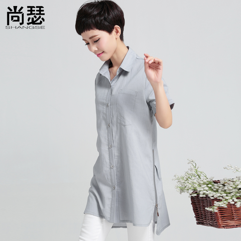 2016韩版夏季亚麻女装棉麻衬衫女短袖宽松大码文艺范中长款衬衣女
