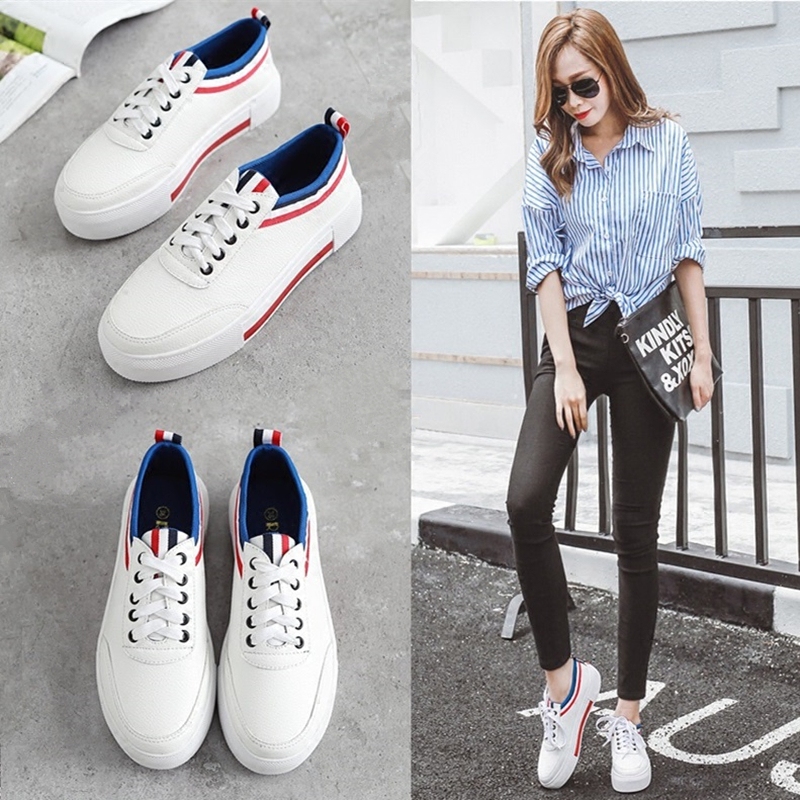 韩版小白鞋女真皮休闲学生运动板鞋厚底松糕鞋系带圆头平底单鞋潮