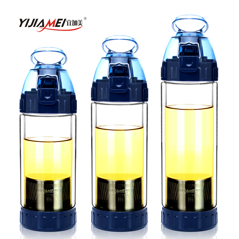 宜加美 正品双层玻璃户外旅行泡茶杯不锈钢滤网防漏水杯便携杯子