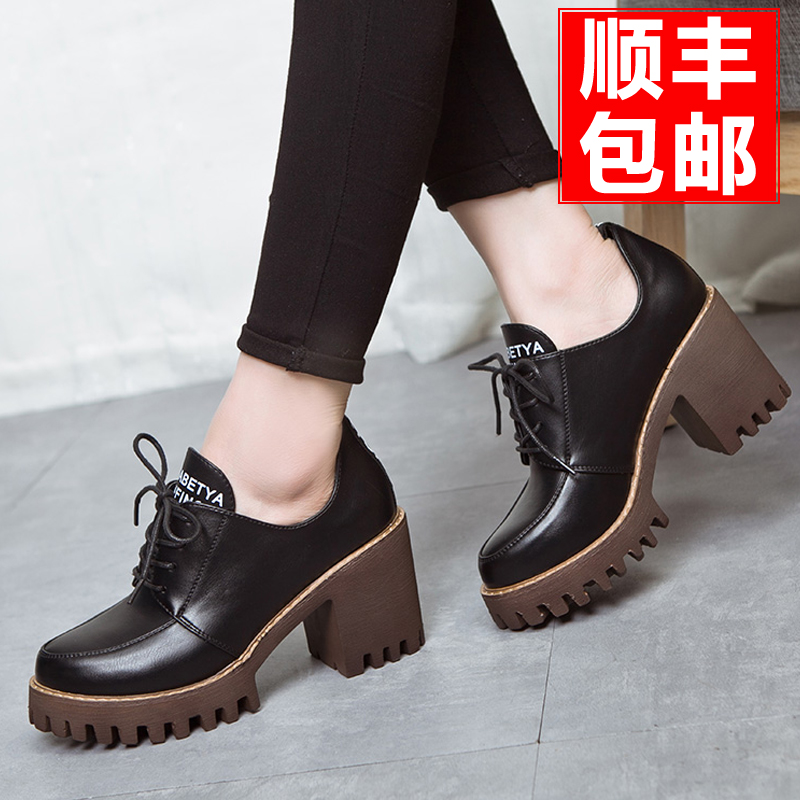 黑色高跟鞋粗跟单鞋女圆头厚底鞋2016春秋新款学生皮鞋英伦女鞋子