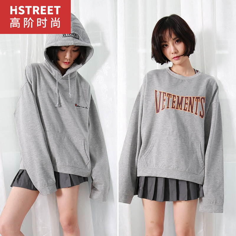 vetements春秋新款情侣卫衣女套头连帽灰色宽松外套韩版大码上衣