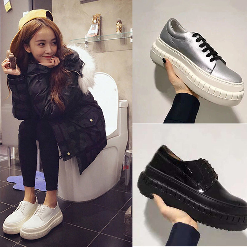 香港代购2016明星同款真皮系带松糕厚底单鞋平底鞋英伦休闲乐福鞋