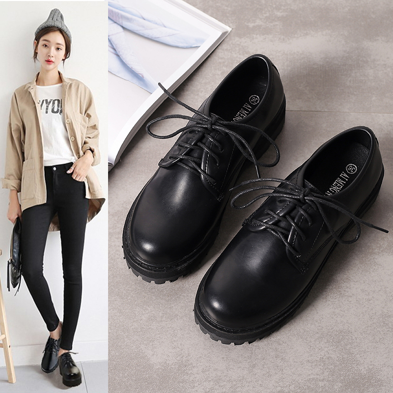 日系原宿黑色小皮鞋女英伦学院风系带圆头平跟单鞋小码33至大码42