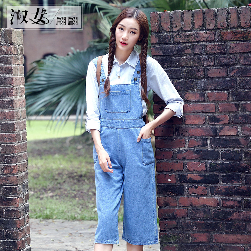 韩版高腰牛仔背带裤女夏2016新款宽松阔腿牛仔裤薄款七分裤连体裤