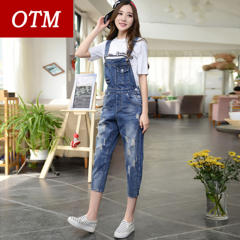 2016新款高腰背带裤女宽松七分裤牛仔裤 大码显瘦破洞吊带7分裤