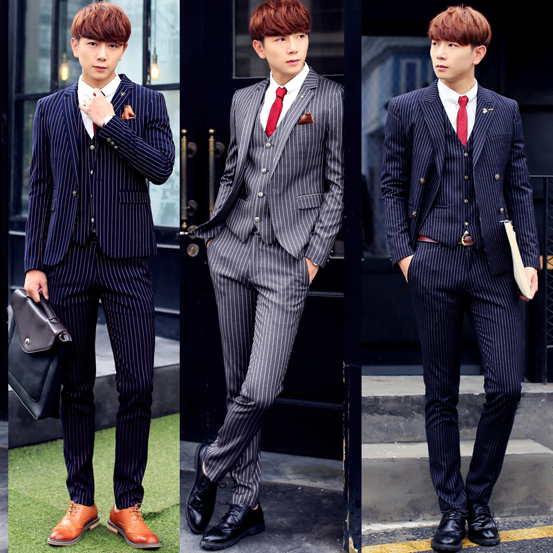 秋季男士西装套装三件套韩版修身男结婚礼服伴郎服条纹男西服套装