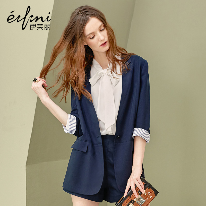 伊芙丽2016秋夏新品纯色七分袖外套女小西装一粒扣天丝外套中长款