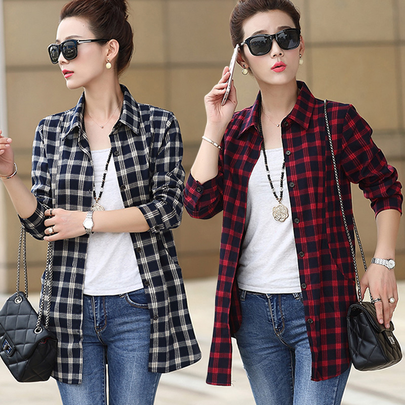 春秋装中长款休闲格子衬衫女修身显瘦百搭大码中年长袖上衣薄外套
