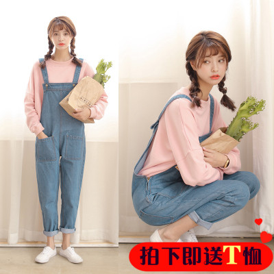 2016秋季韩国少女宽松大码胖mm口袋工装连体长裤哈伦牛仔背带裤女