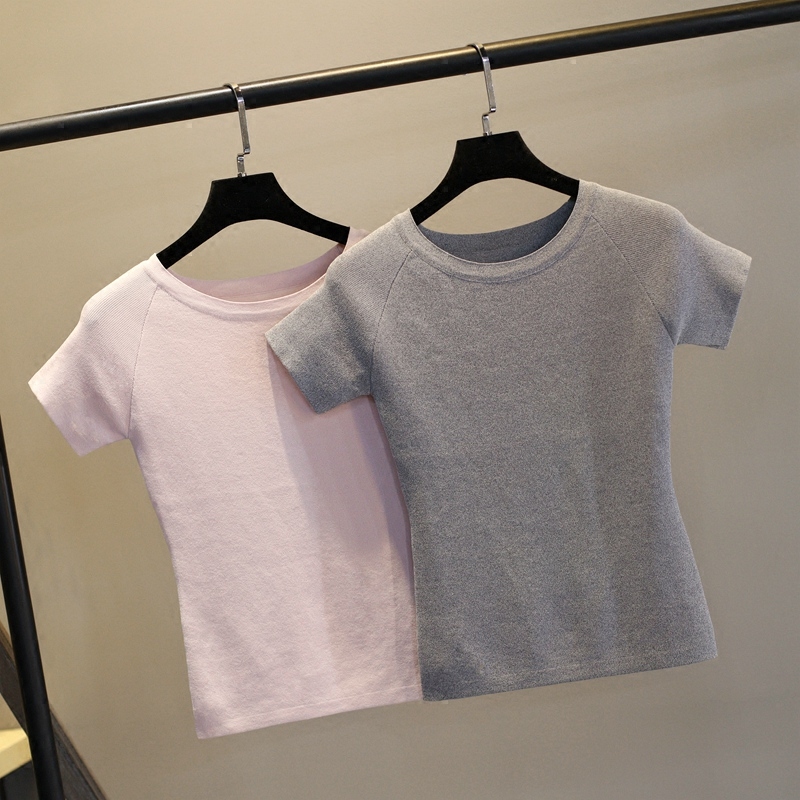 紧身白t恤女夏圆领领上衣冰丝针织打底衫韩范修身短款短袖薄潮流