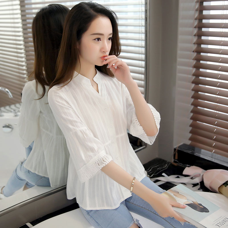 韩版V领宽松七分袖棉麻衬衫女装流苏喇叭袖文艺小清新衬衣夏上衣