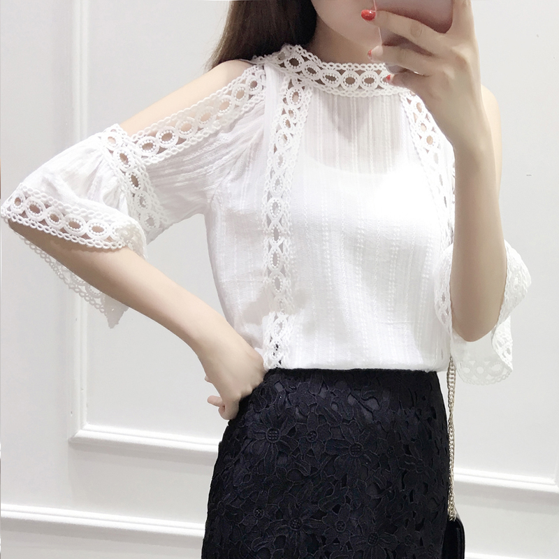 2016夏季新韩版显瘦镂空拼接喇叭袖蕾丝衫白色宽松露肩漏肩上衣女