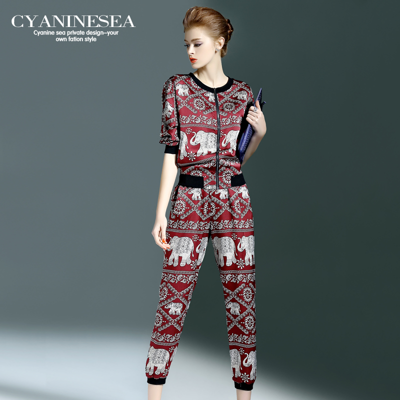 海青蓝2016春装新款女装复古印花两件套气质外套长裤时尚套装2747