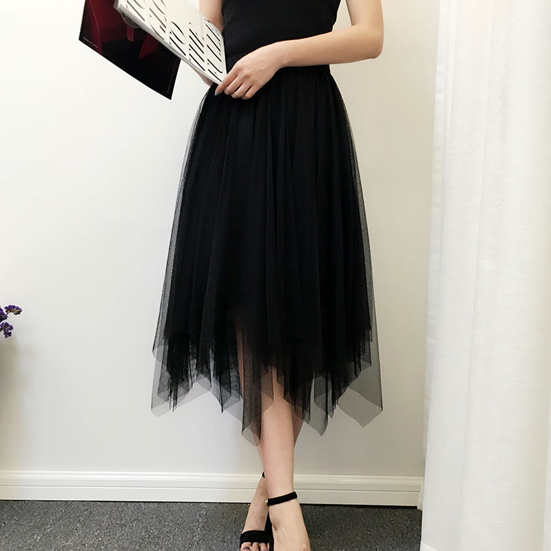 LR不规则网纱裙半身裙女夏高腰中长款黑色长裙仙女裙白色蓬蓬裙