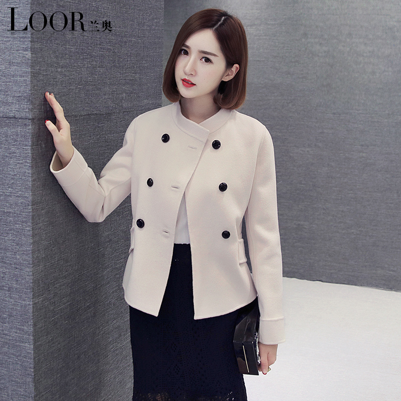 兰奥2016秋冬新款 羊毛呢外套短款外衣 韩版双排扣修身羊毛女装