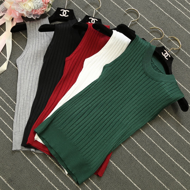 2016春夏新款女装韩版半高领针织背心竖纹修身无袖吊带打底衫上衣