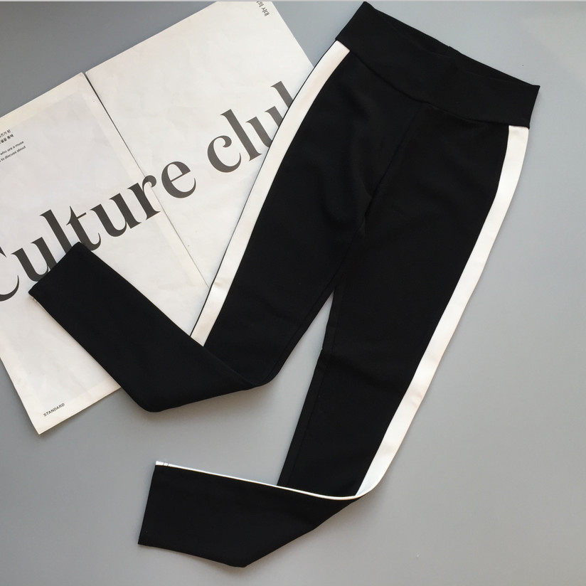 春季薄款高腰女士打底裤外穿 侧白条休闲小脚裤 韩版运动九分长裤