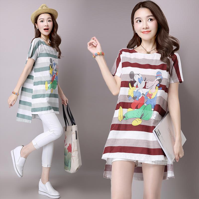 大码女装夏季韩版宽松胖mm上衣女士棉麻短袖t恤条纹中长款打底衫