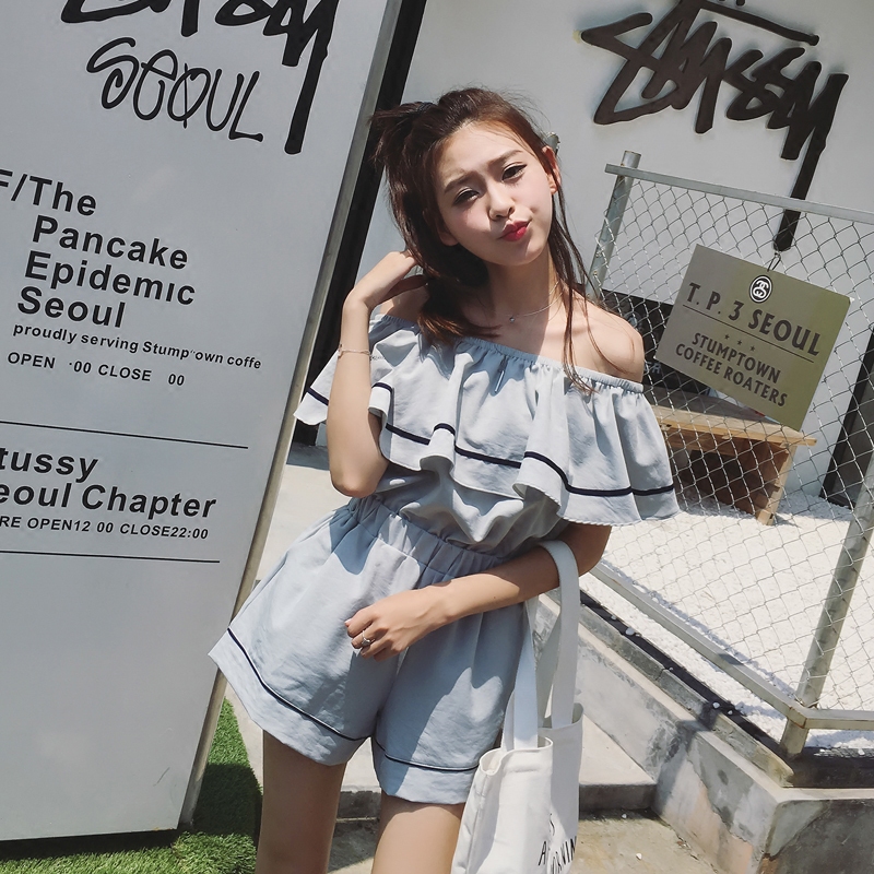 2016夏季新款韩版一字领露肩荷叶边宽松显瘦收腰雪纺连体裤女短裤