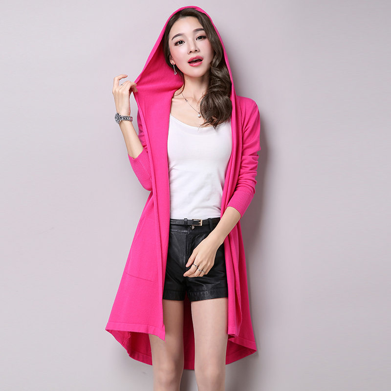 春秋新款针织开衫中长款宽松大码毛衣女士带帽纯色胖mm披肩外套潮