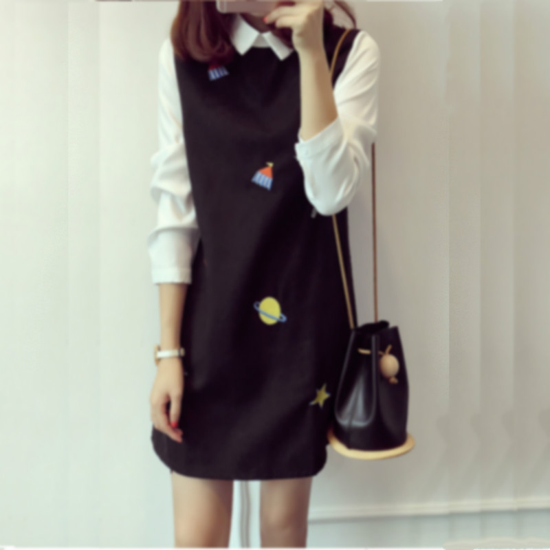 呢子春秋冬季女装韩版学院风学生长袖假两件拼接娃娃领打底连衣裙