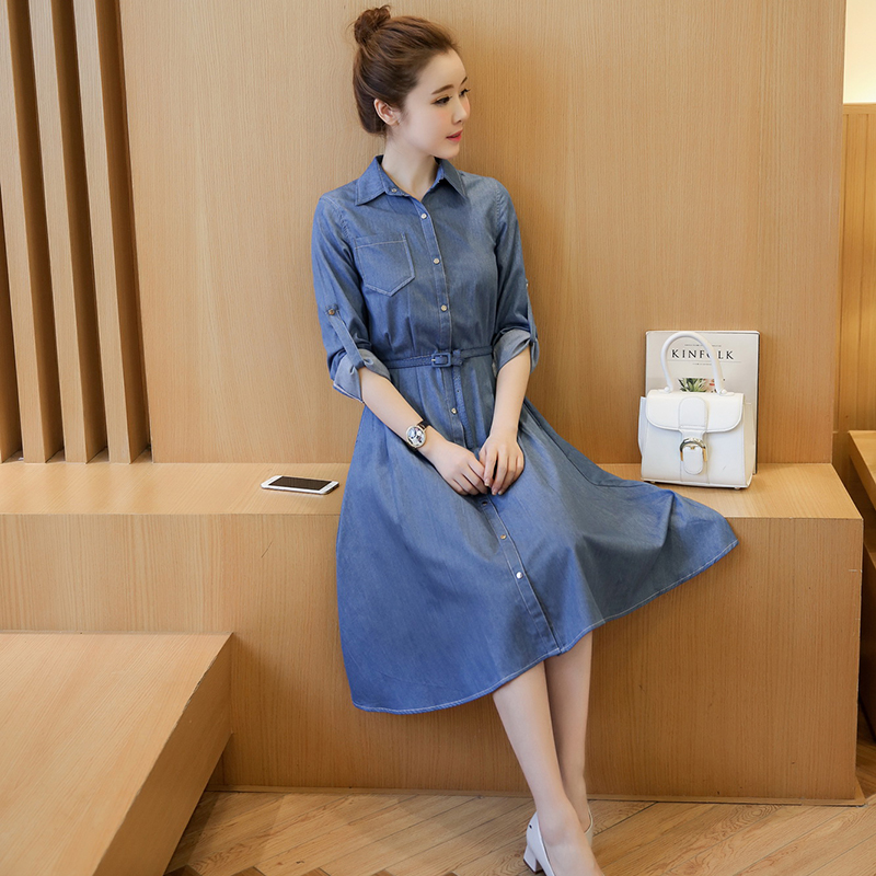 秋季衬衫裙子女秋装新款韩版简约a字裙显瘦长袖牛仔连衣裙中长款