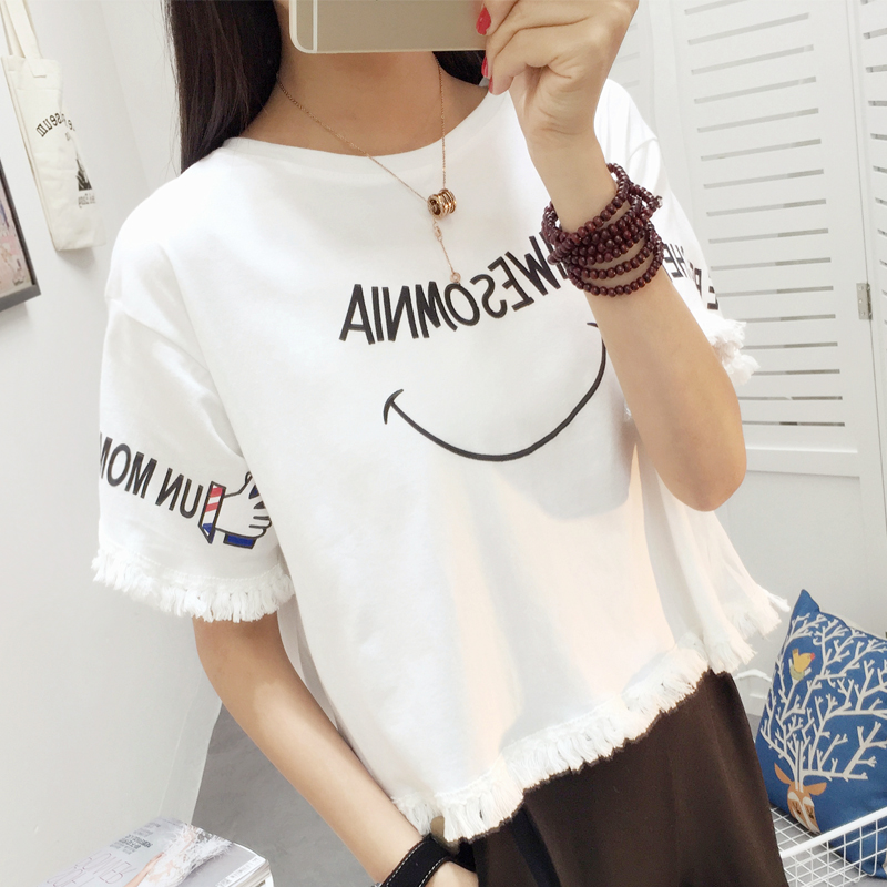 2016夏季新品流苏圆领t恤女宽松半袖体恤女短袖字母韩版显瘦百搭