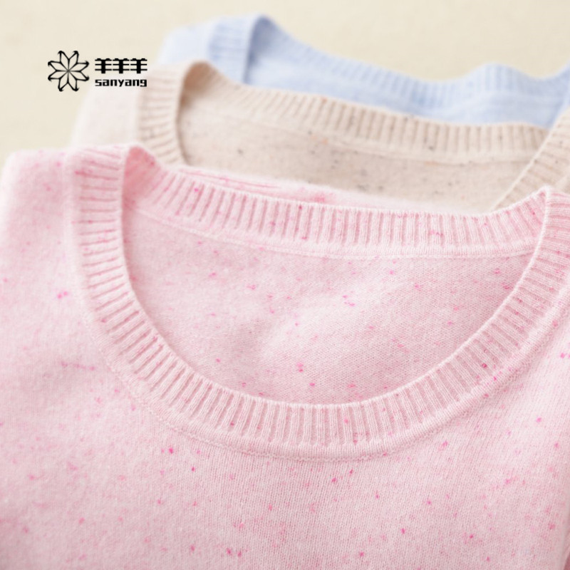 三羊秋冬新款圆领针织羊绒衫套头长袖毛衣短款修身打底衫羊毛衫女