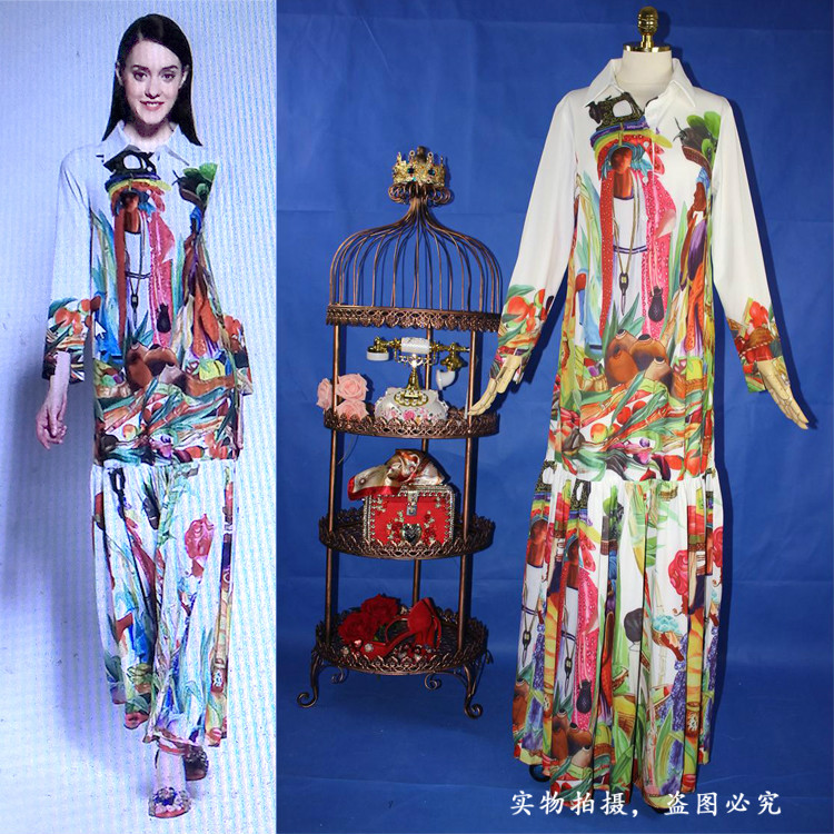 2016夏季新品范冰冰明星同款桑蚕丝印花亚麻衬衫领长袖连衣裙长裙