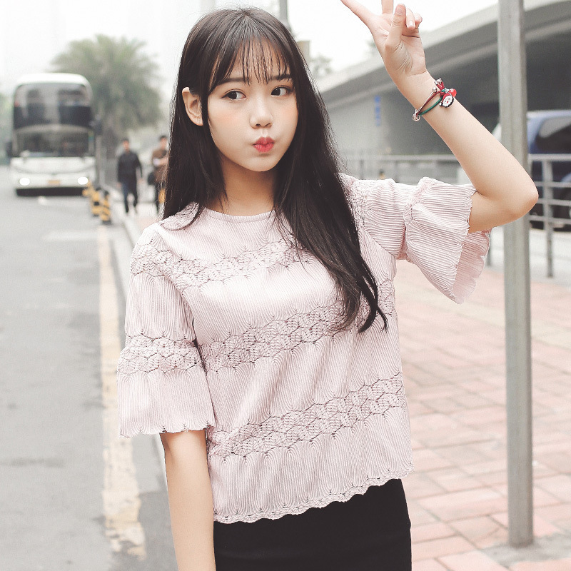 花茉莉套头镂空喇叭袖蕾丝衫上衣女夏短袖韩版新款宽松甜美雪纺衫