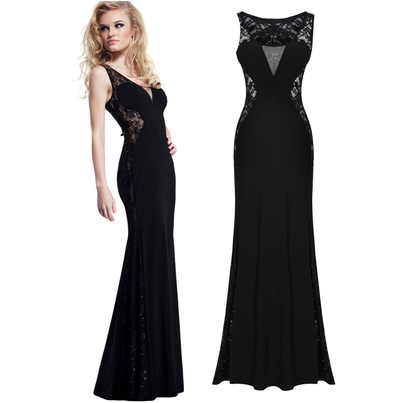 2016欧美透视纱深V性感露背晚礼长裙蕾丝镂空拼接鱼尾连衣裙