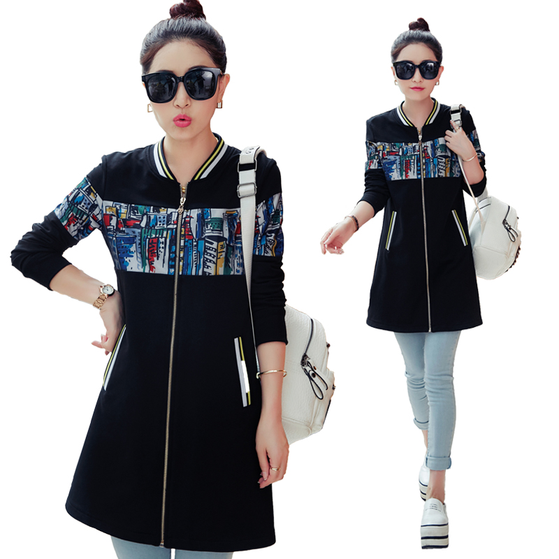 2016春秋女式中长款棒球服长袖上衣时尚休闲女装大码薄款宽松外套