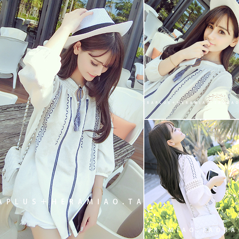 尚宽松显瘦刺绣镂空民族风休闲娃娃衫衬衫女