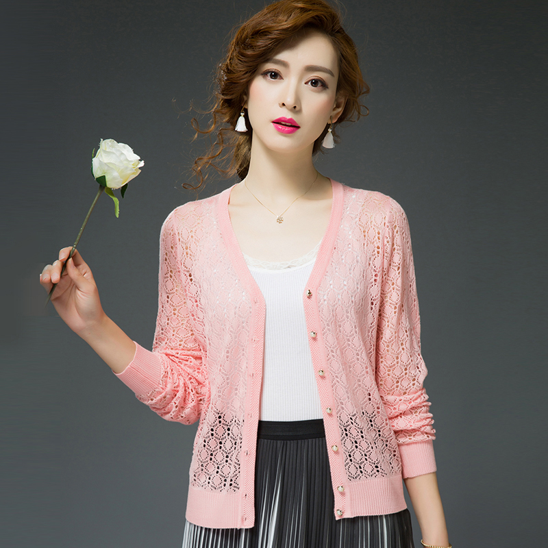 蕾丝镂空针织衫女开衫轻薄短款桑蚕丝真丝空调衫宽松加大码小坎肩