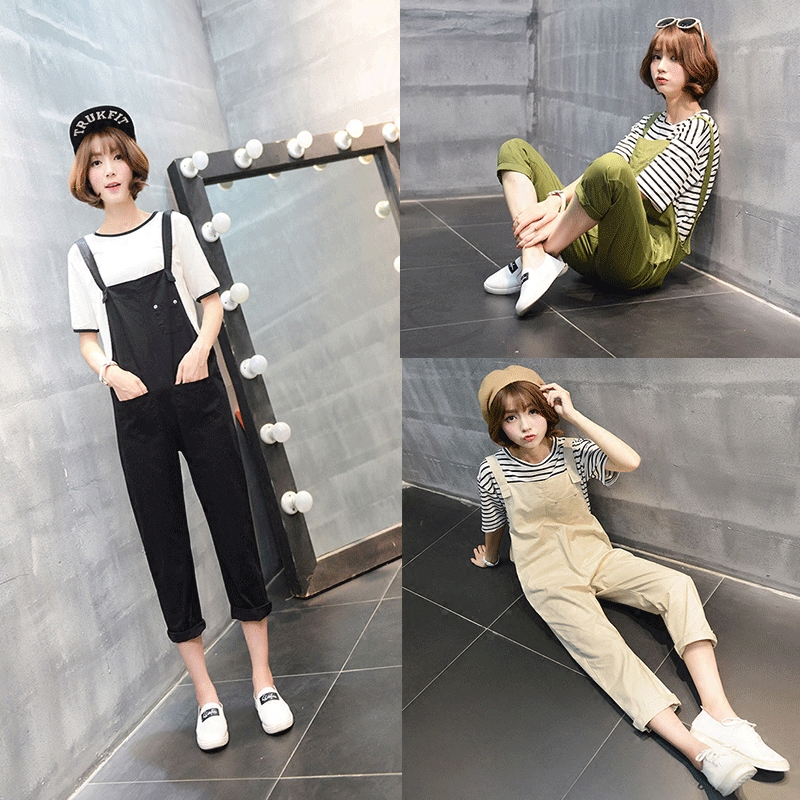 背带裤女 九分裤 宽松2016新款韩版学院风少女黑色休闲阔腿连体裤