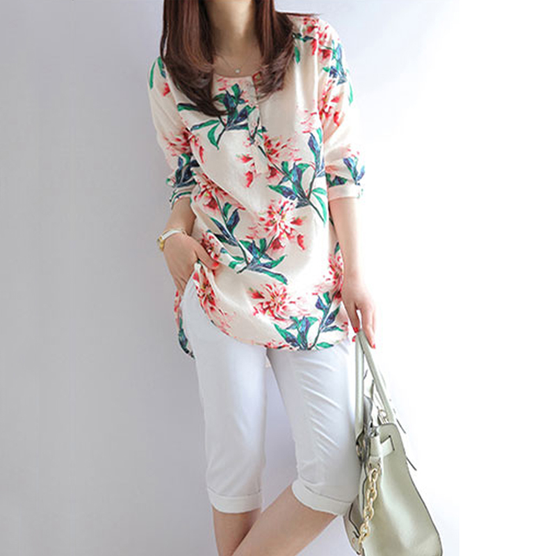 欧洲站2016春夏新款女装七分袖花朵女衬衫短袖印花中长款上衣