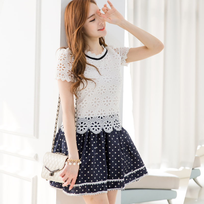 春款中裙子夏季假两件套蕾丝连衣裙韩版学生学院风小清新短袖修身