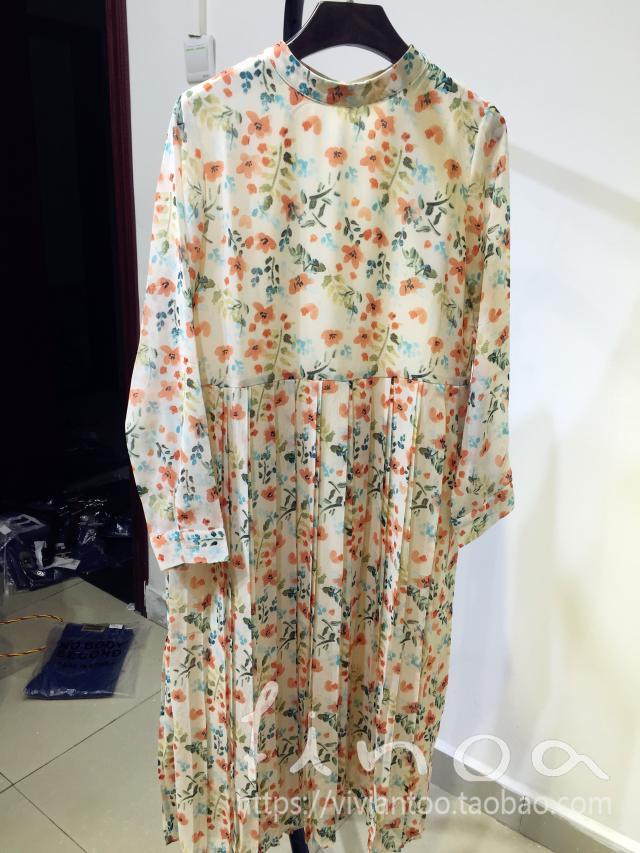 NEW FACE正品 韩国最新春款韩版宽松 碎花打底雪纺百褶长款连衣裙