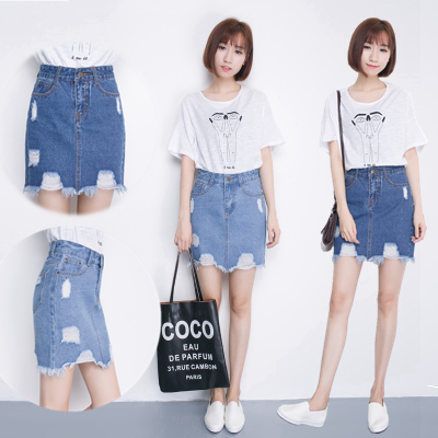 女士牛仔一步裙短裙夏休闲流苏包臀裙破洞性感高腰半身裙大码修身