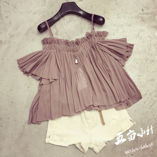 2016夏季新款女装韩国时尚吊带褶皱雪纺衫短袖露肩一字领上衣女