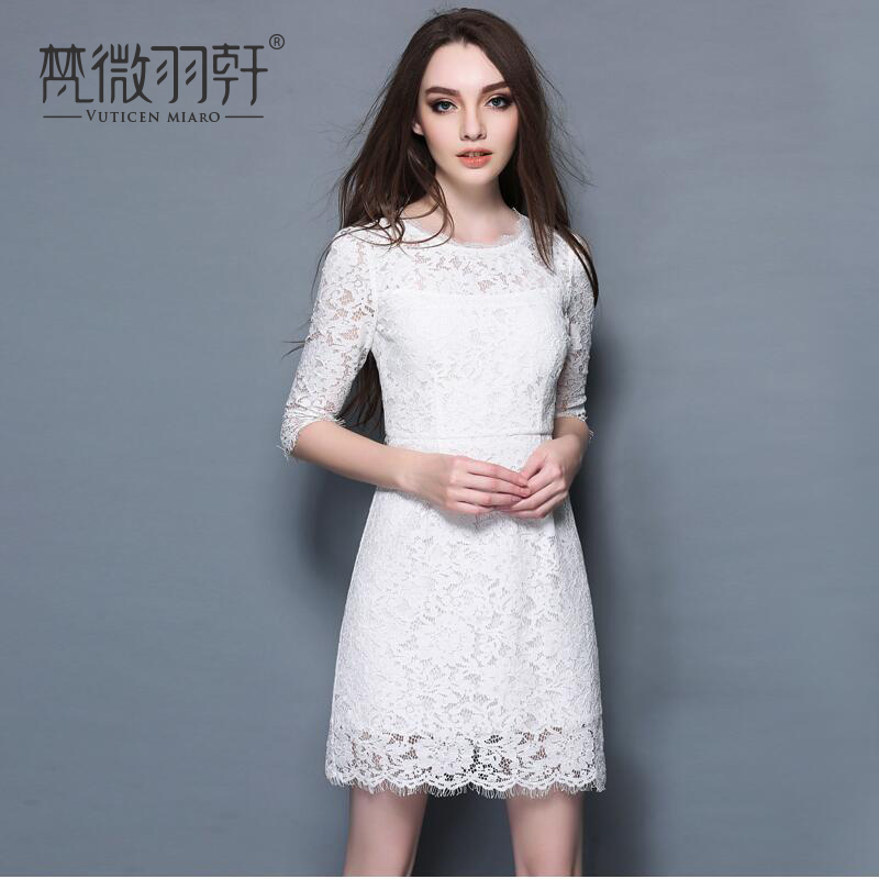 欧洲站七分袖蕾丝连衣裙女夏天2016大码修身气质明星同款a字裙子
